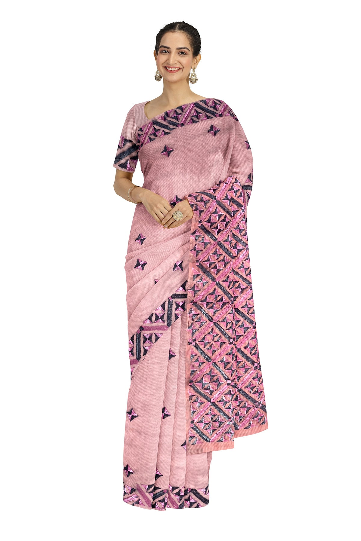 Elegant Pink Phulkari Saree with Hand Embroidery