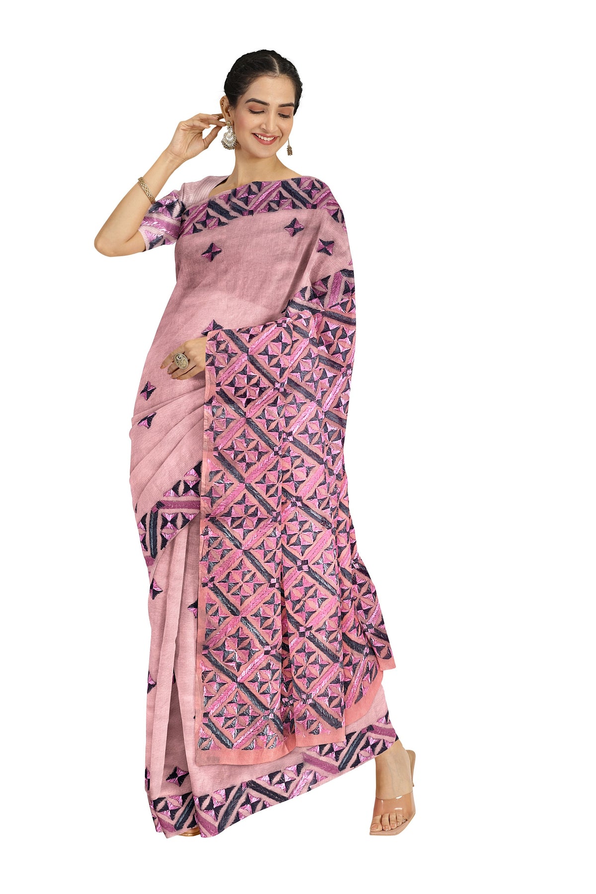 Elegant Pink Phulkari Saree with Hand Embroidery