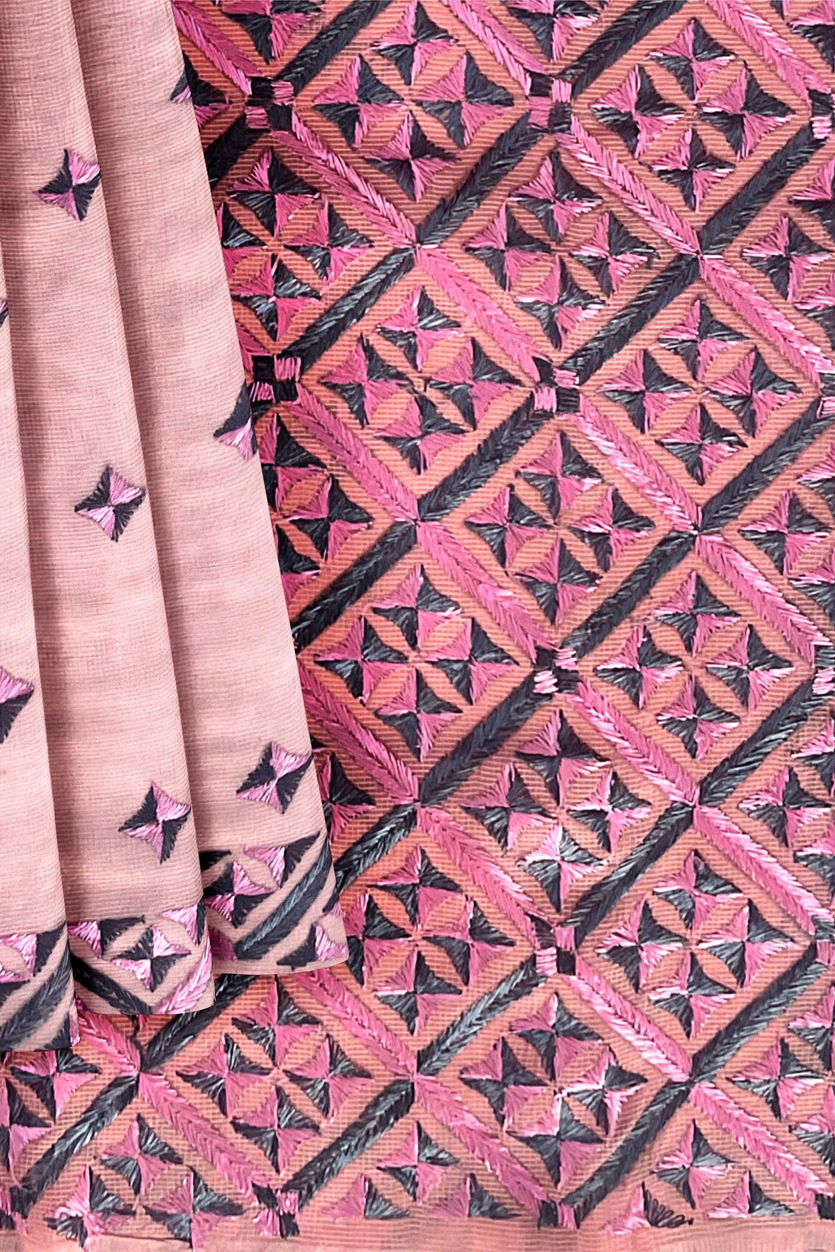 Elegant Pink Phulkari Saree with Hand Embroidery