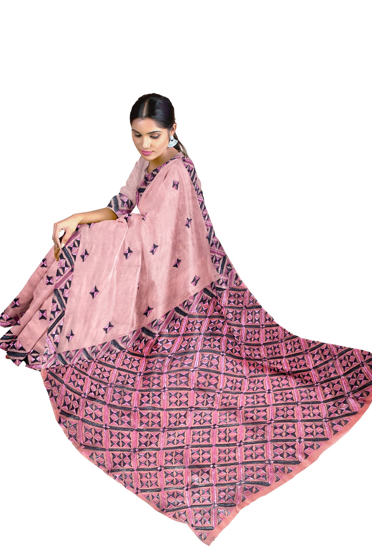 Elegant Pink Phulkari Saree with Hand Embroidery
