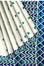 Hand Embroidered White Phulkari Saree in Blue Accents