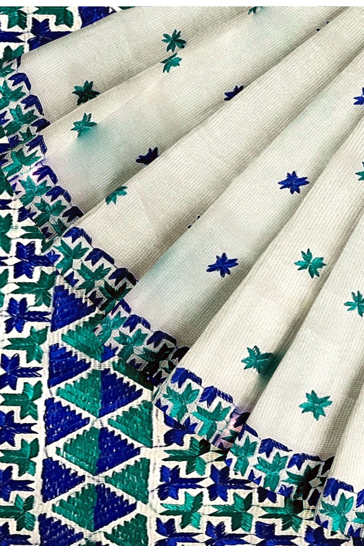 Hand Embroidered White Phulkari Saree in Blue Accents