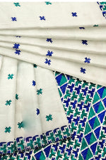 Hand Embroidered White Phulkari Saree in Blue Accents