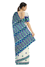 Hand Embroidered White Phulkari Saree in Blue Accents