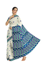 Hand Embroidered White Phulkari Saree in Blue Accents