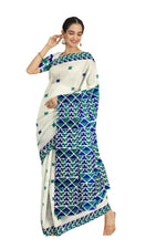 Hand Embroidered White Phulkari Saree in Blue Accents