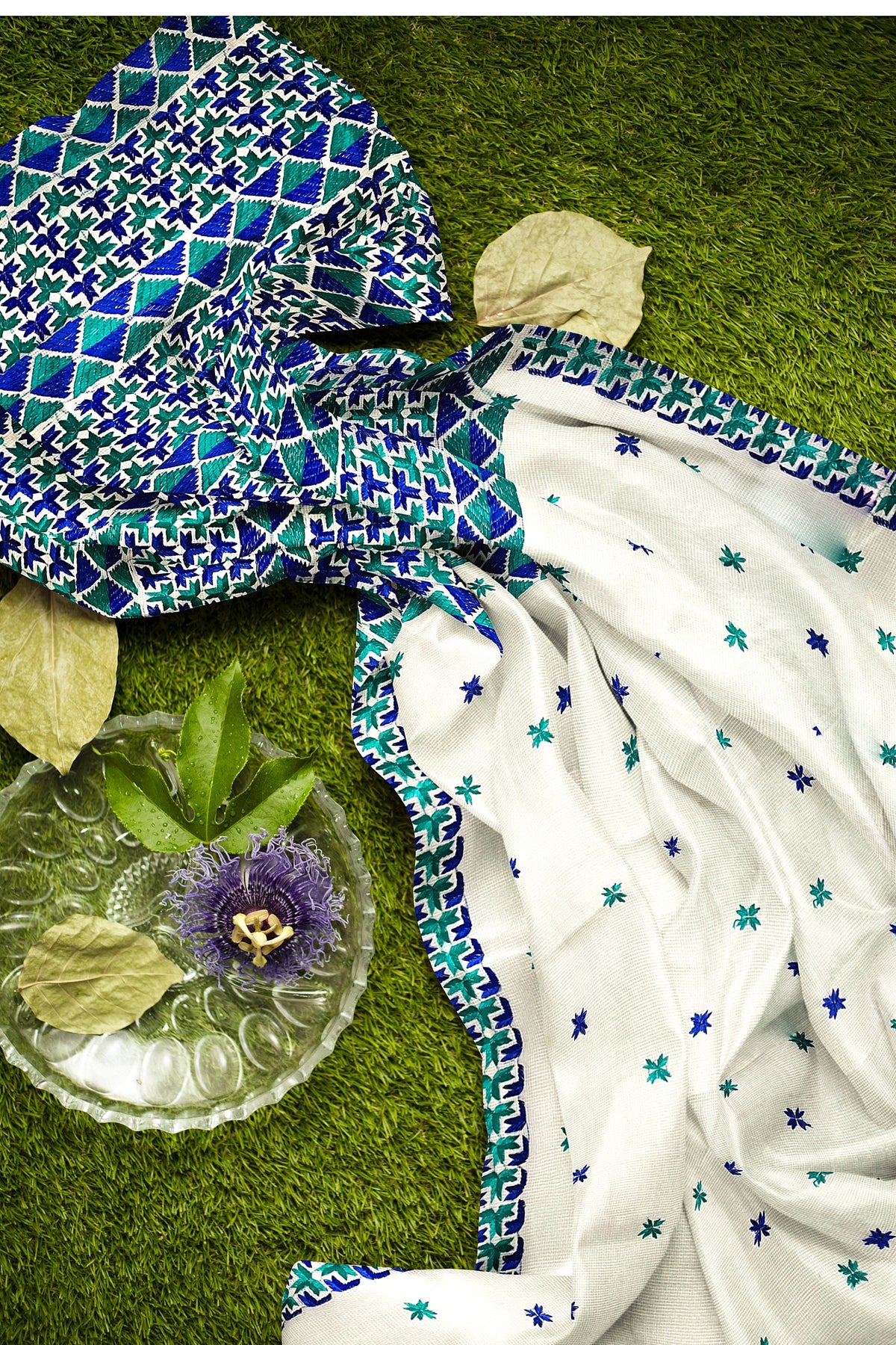 Hand Embroidered White Phulkari Saree in Blue Accents