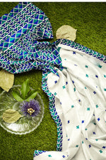 Hand Embroidered White Phulkari Saree in Blue Accents