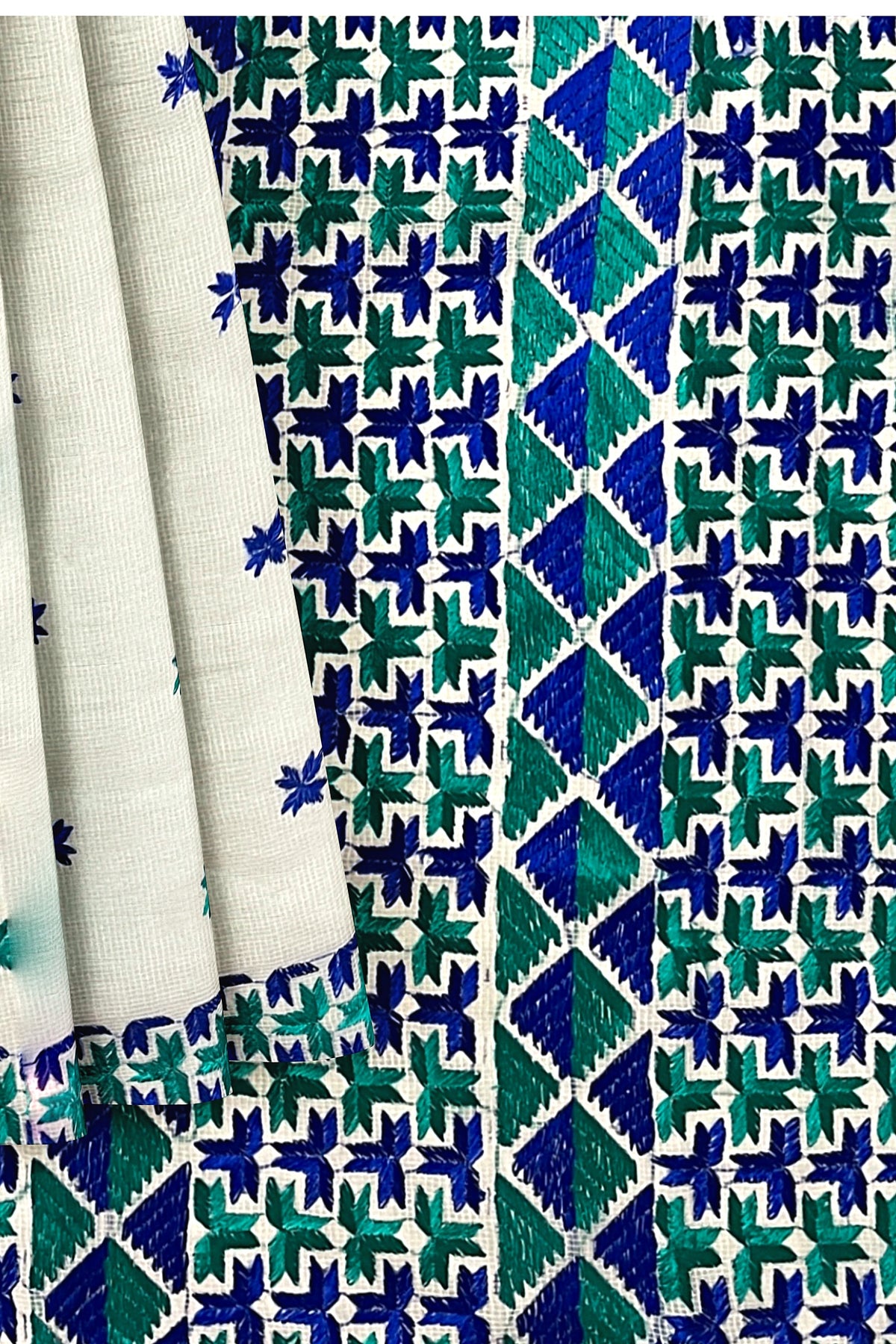 Hand Embroidered White Phulkari Saree in Blue Accents