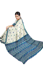 Hand Embroidered White Phulkari Saree in Blue Accents