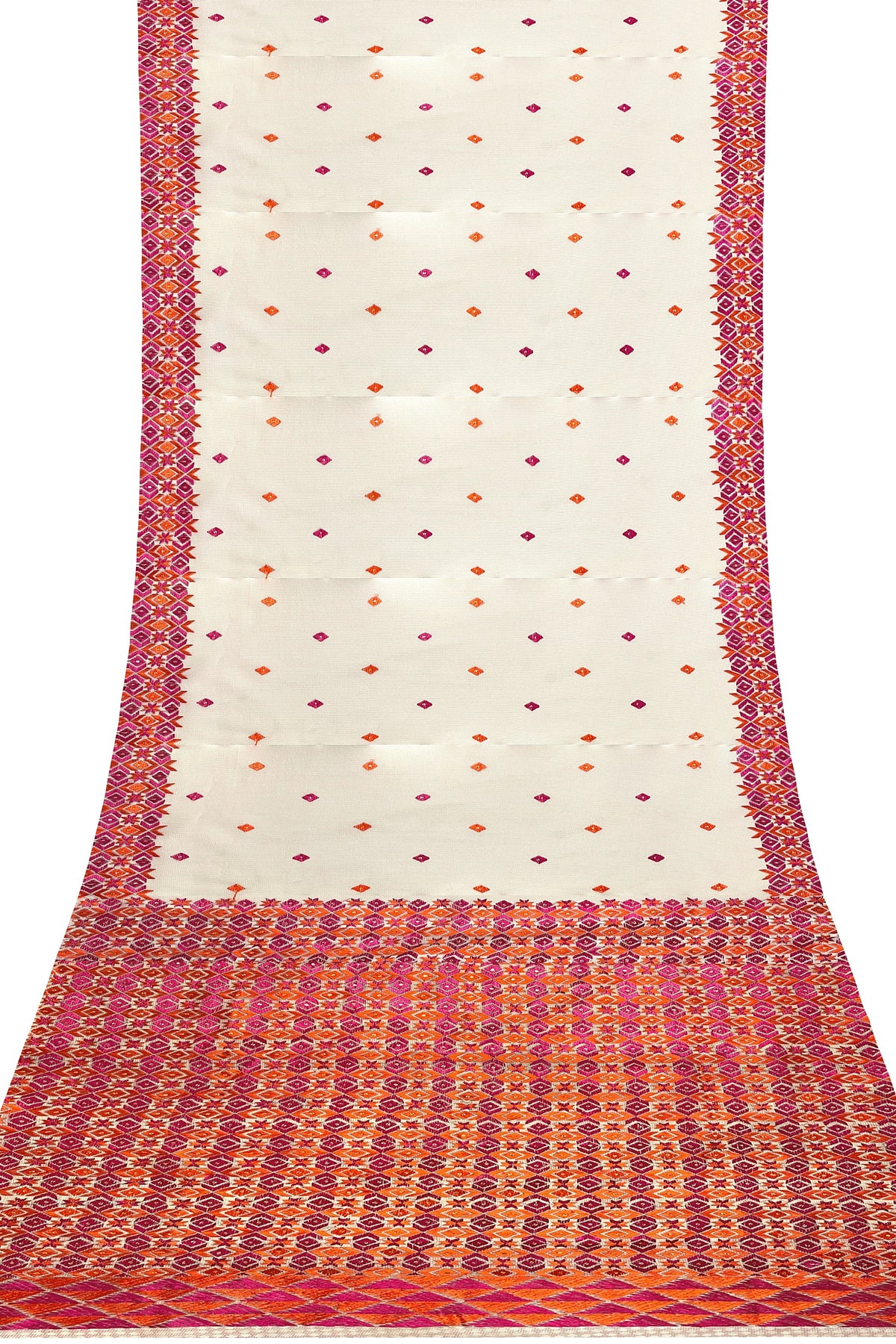 Off-White Phulkari Saree with Magenta & Orange Thread Embroidery