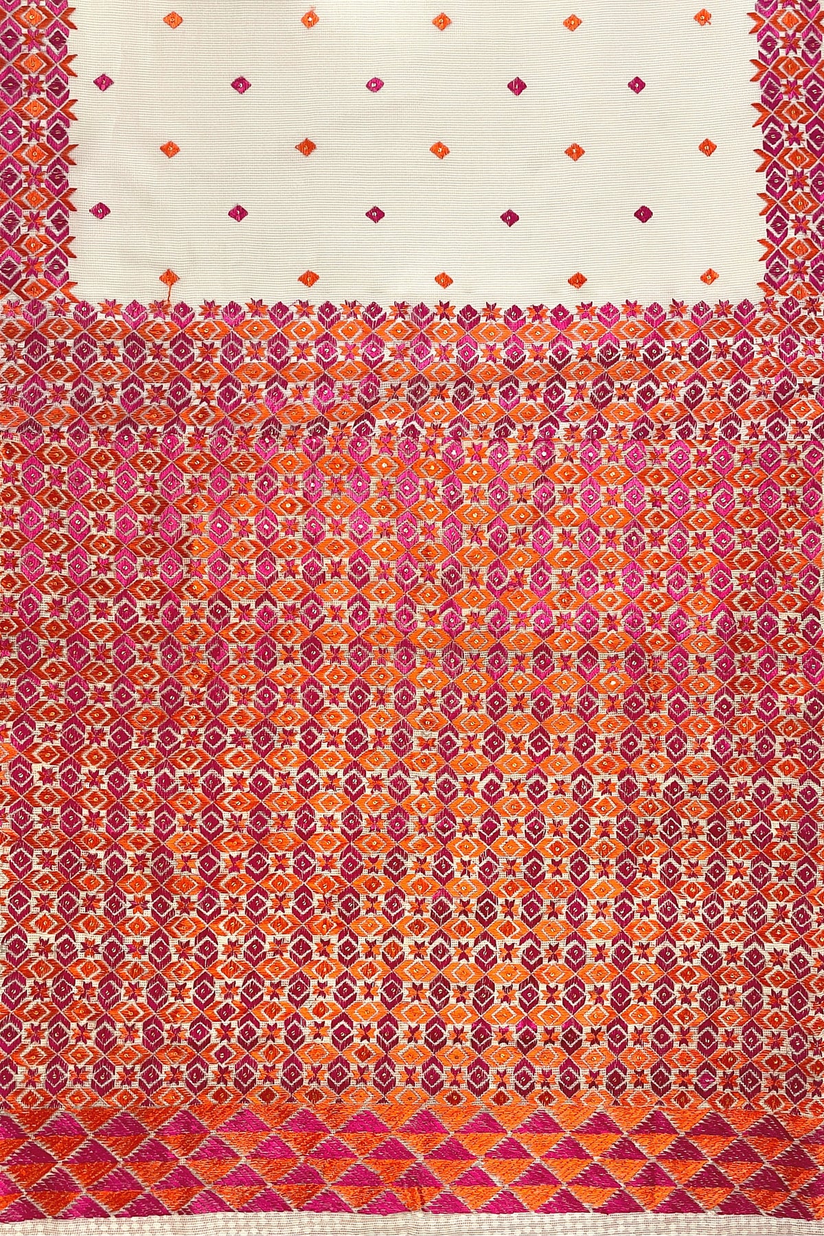 Off-White Phulkari Saree with Magenta & Orange Thread Embroidery