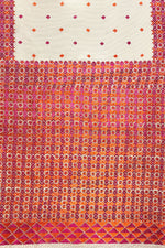 Off-White Phulkari Saree with Magenta & Orange Thread Embroidery