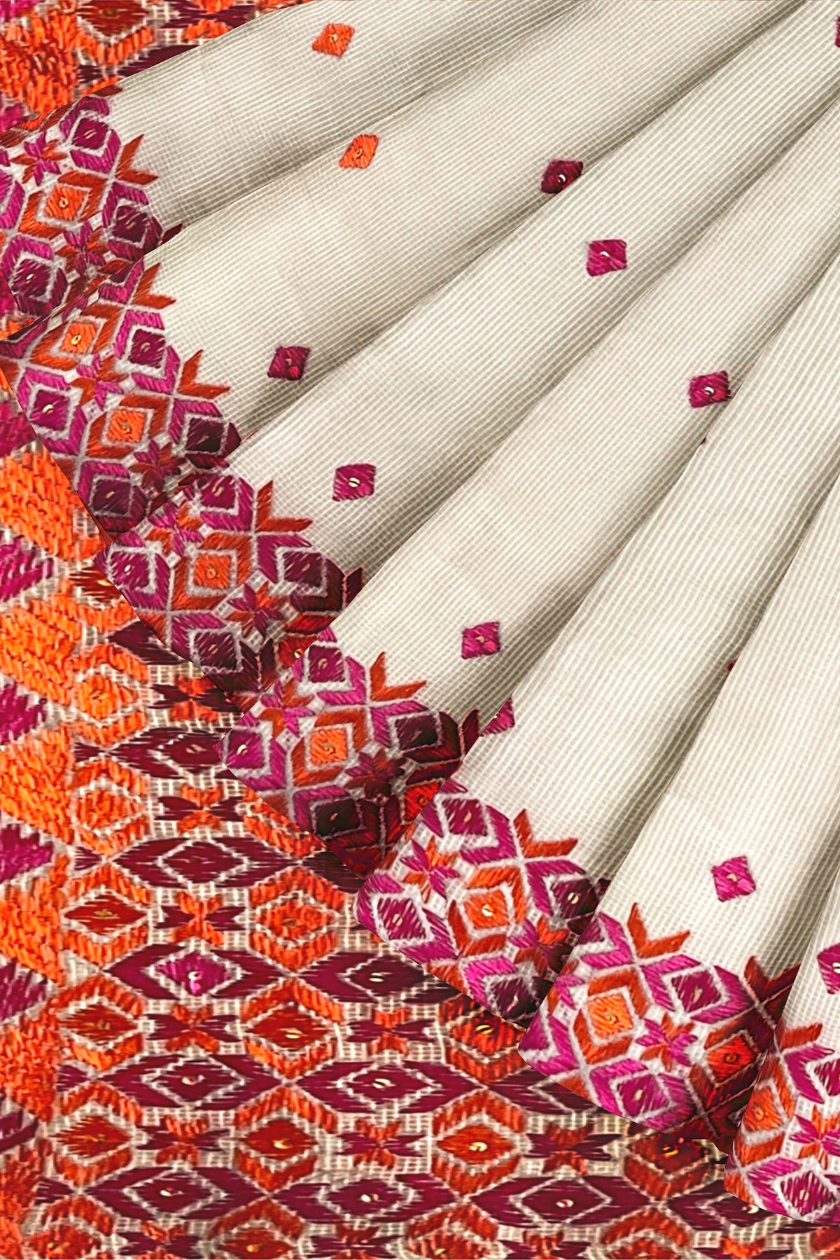 Off-White Phulkari Saree with Magenta & Orange Thread Embroidery