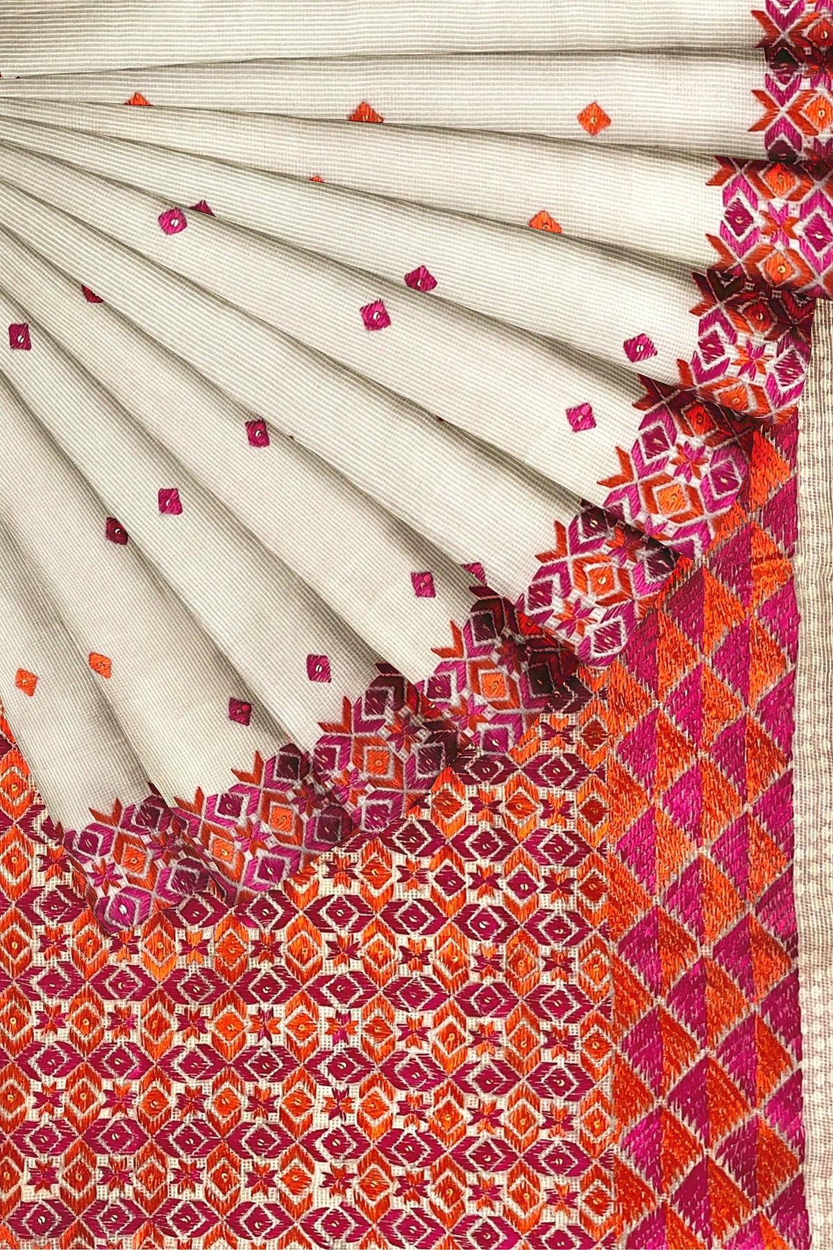 Off-White Phulkari Saree with Magenta & Orange Thread Embroidery