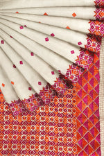 Off-White Phulkari Saree with Magenta & Orange Thread Embroidery