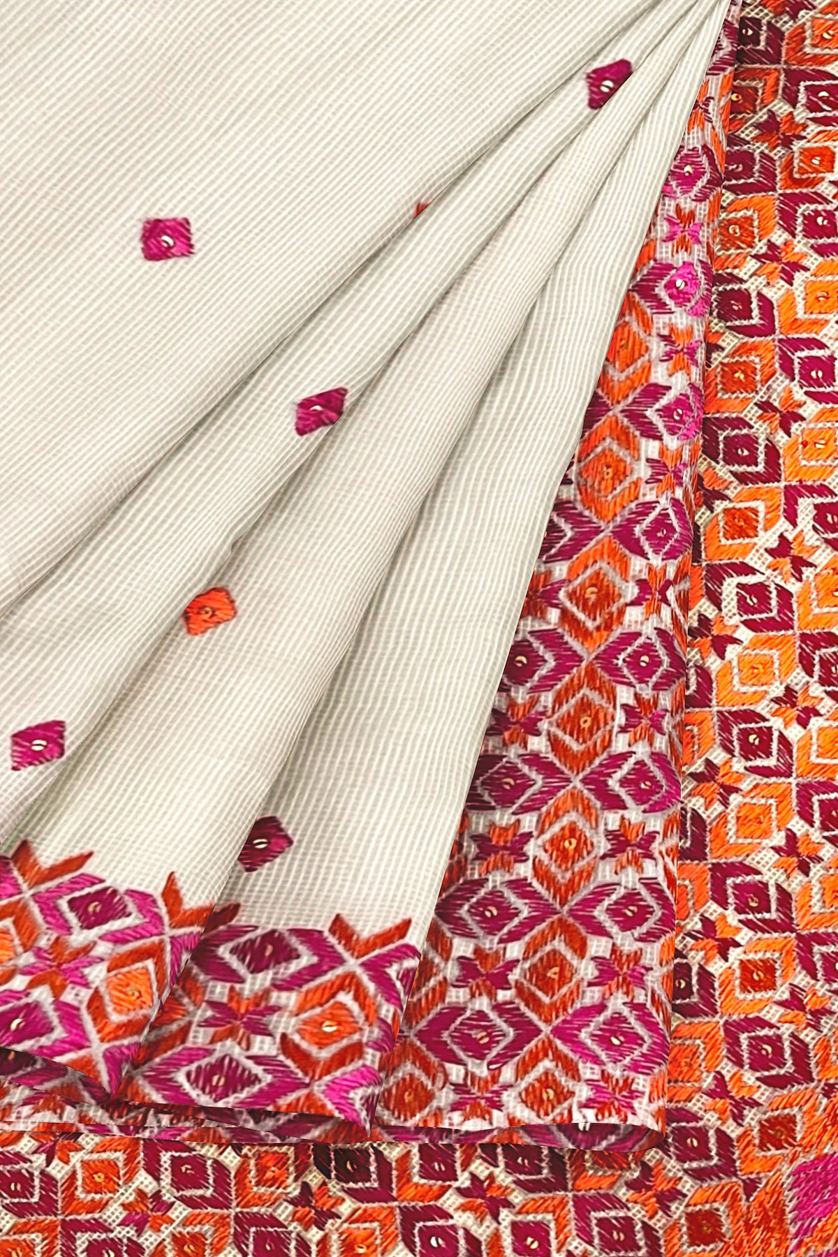 Off-White Phulkari Saree with Magenta & Orange Thread Embroidery