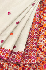 Off-White Phulkari Saree with Magenta & Orange Thread Embroidery