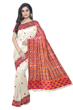 Off-White Phulkari Saree with Magenta & Orange Thread Embroidery