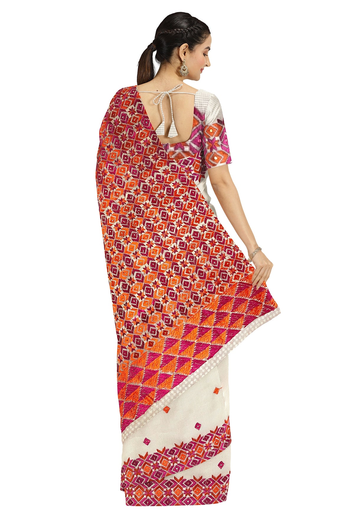 Off-White Phulkari Saree with Magenta & Orange Thread Embroidery
