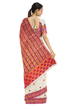 Off-White Phulkari Saree with Magenta & Orange Thread Embroidery