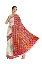 Off-White Phulkari Saree with Magenta & Orange Thread Embroidery