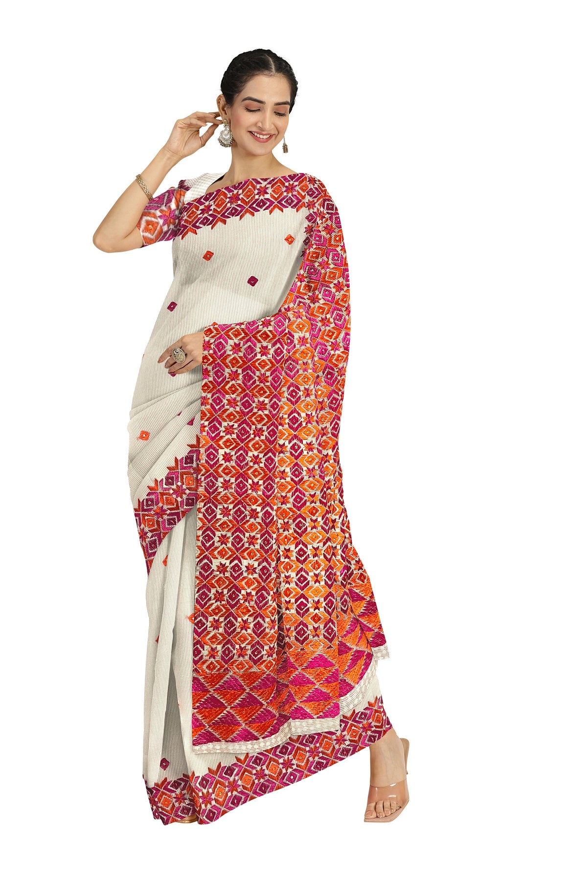 Off-White Phulkari Saree with Magenta & Orange Thread Embroidery
