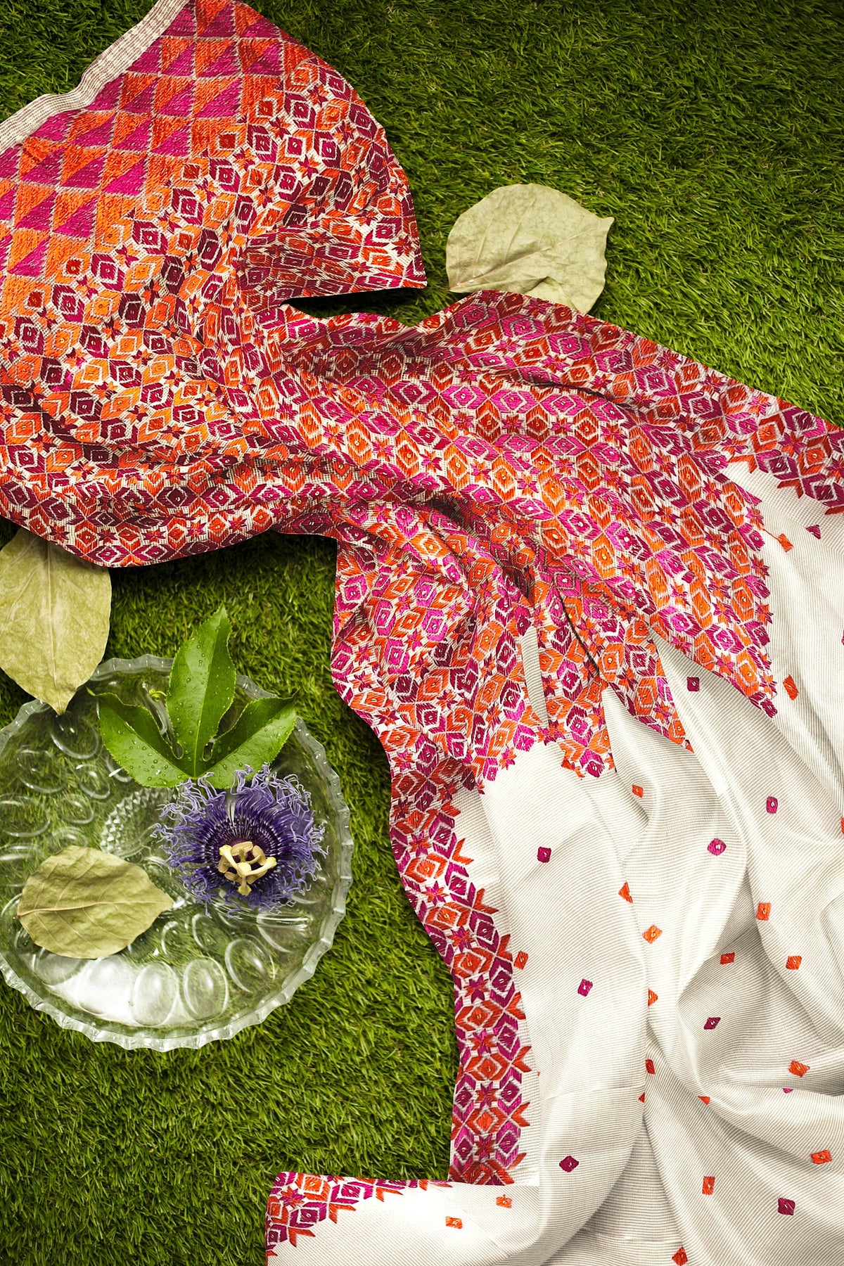 Off-White Phulkari Saree with Magenta & Orange Thread Embroidery