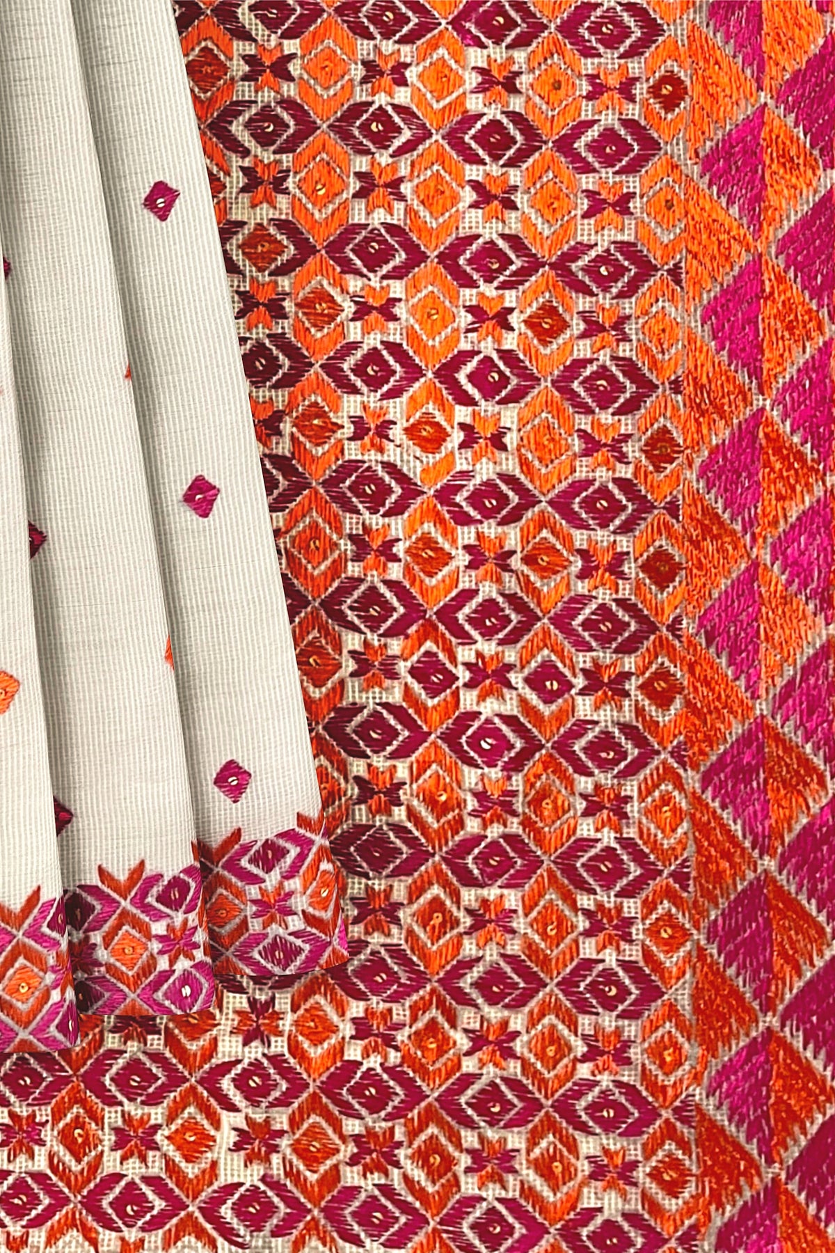 Off-White Phulkari Saree with Magenta & Orange Thread Embroidery