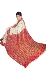 Off-White Phulkari Saree with Magenta & Orange Thread Embroidery