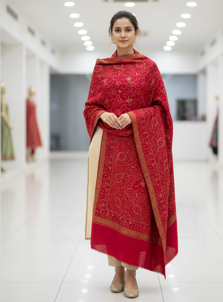 The Amritsar Store Red Pashmina Shawl with Hand Embroidery| Timeless Charm