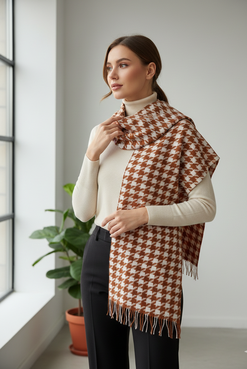 The Amritsar Store Brown & White Patterned Scarf