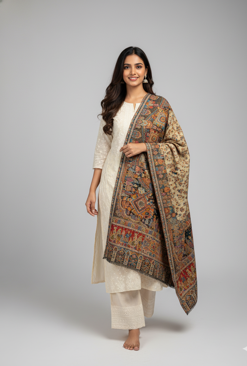 The Amritsar Store Kani Shawl with Zari Mughal Darbaar Reversible