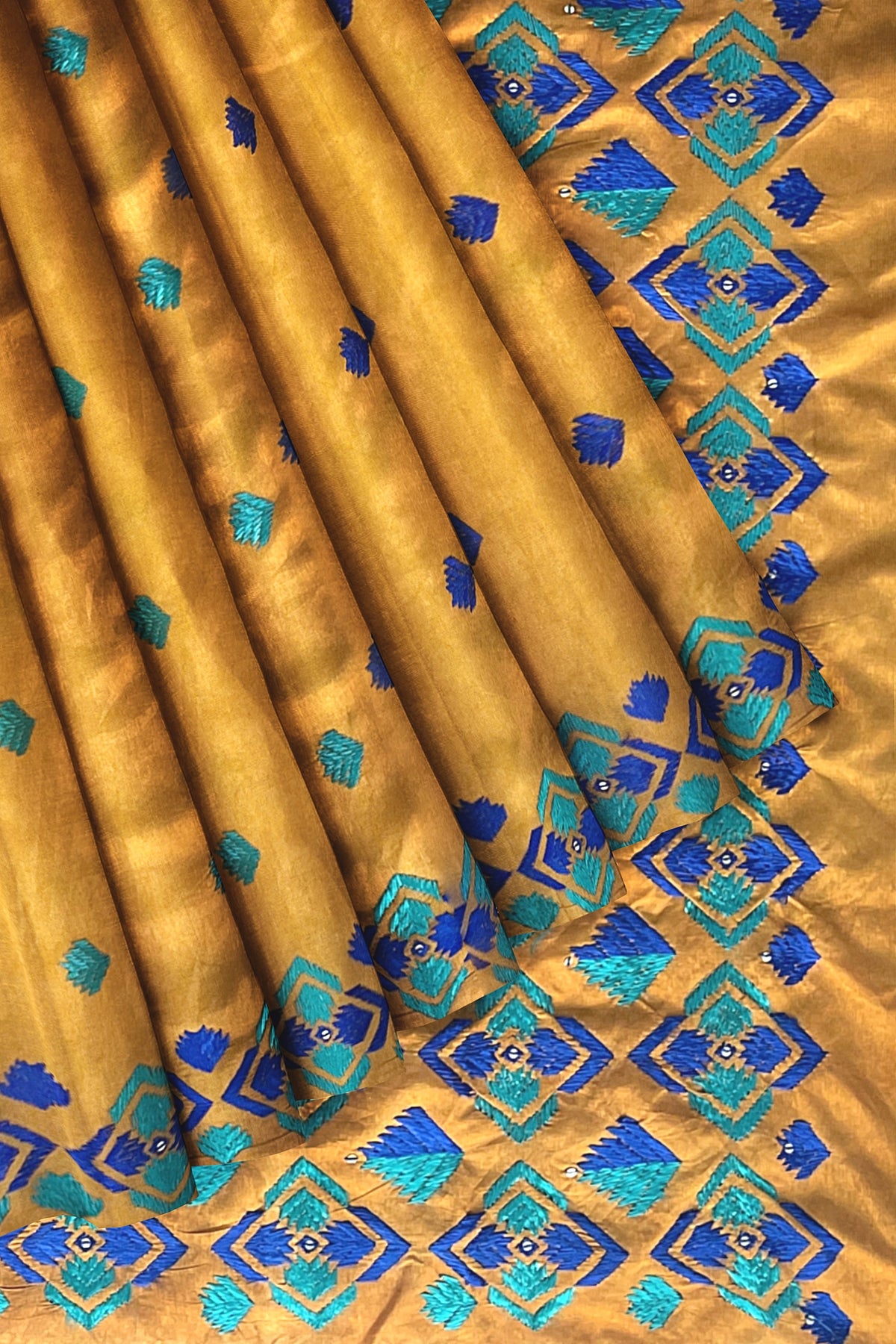 Phulkari Saree – Hand Embroidered Mustard Saree in Blue Thread | The Amritsar Store