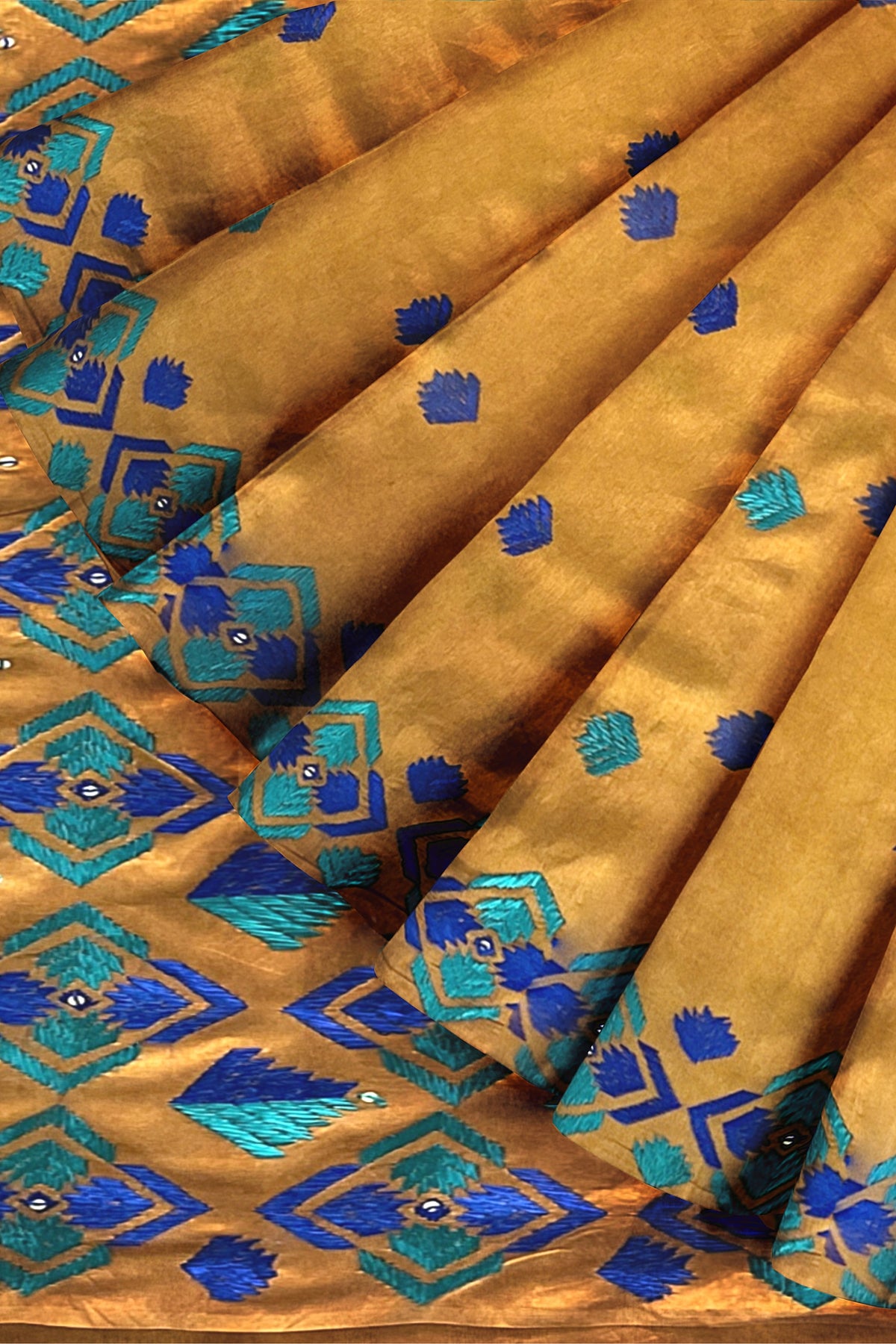 Phulkari Saree – Hand Embroidered Mustard Saree in Blue Thread | The Amritsar Store