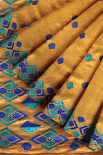 Phulkari Saree – Hand Embroidered Mustard Saree in Blue Thread | The Amritsar Store