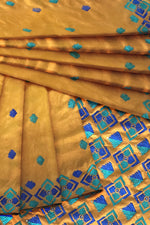 Phulkari Saree – Hand Embroidered Mustard Saree in Blue Thread | The Amritsar Store