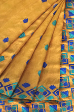 Phulkari Saree – Hand Embroidered Mustard Saree in Blue Thread | The Amritsar Store
