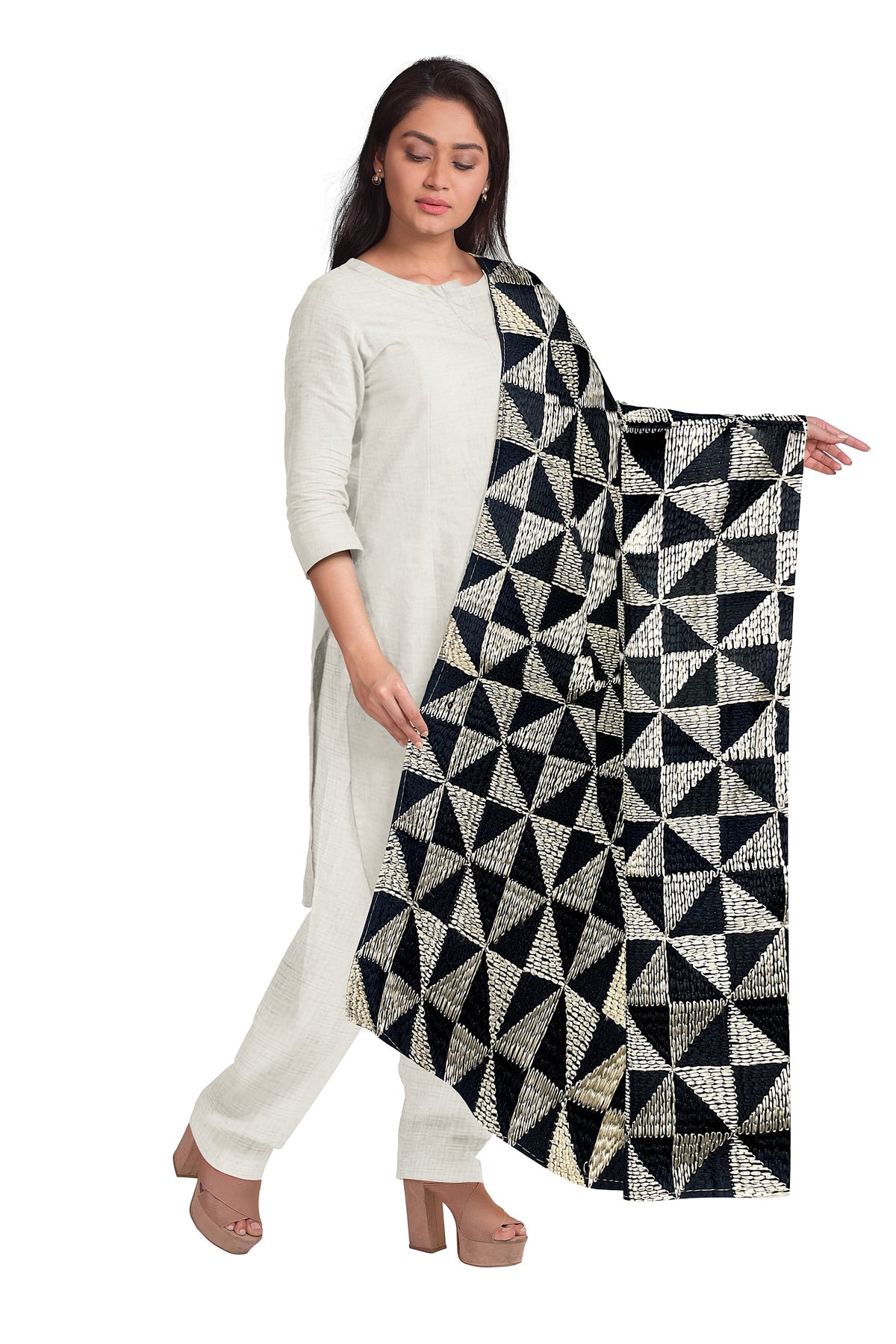Phulkari dupatta with geometric embroidery & four side golden gotta on borders