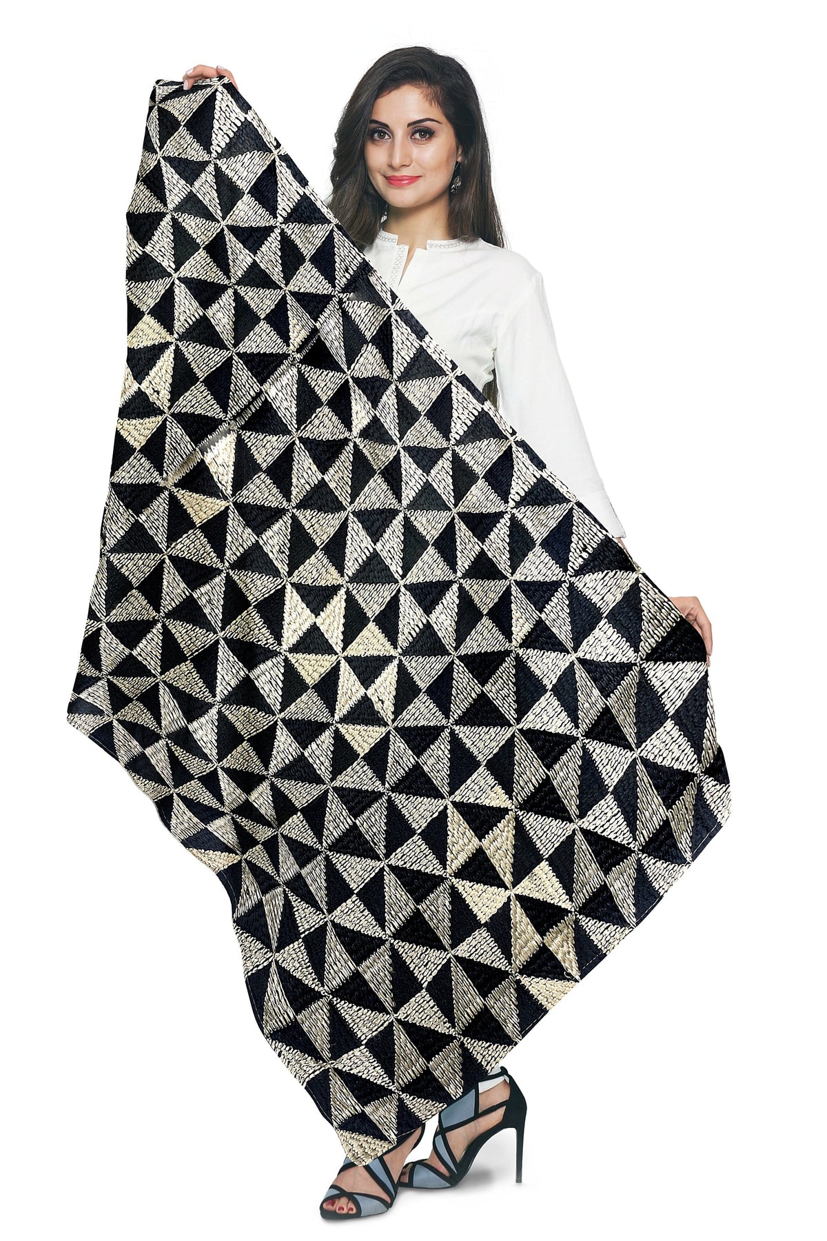 Phulkari dupatta with geometric embroidery & four side golden gotta on borders