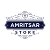 A decorative logo-style graphic reading 'THE AMRITSAR STORE' in white text on a dark navy badge with ornate scrollwork above and below, centered on a light gray background.