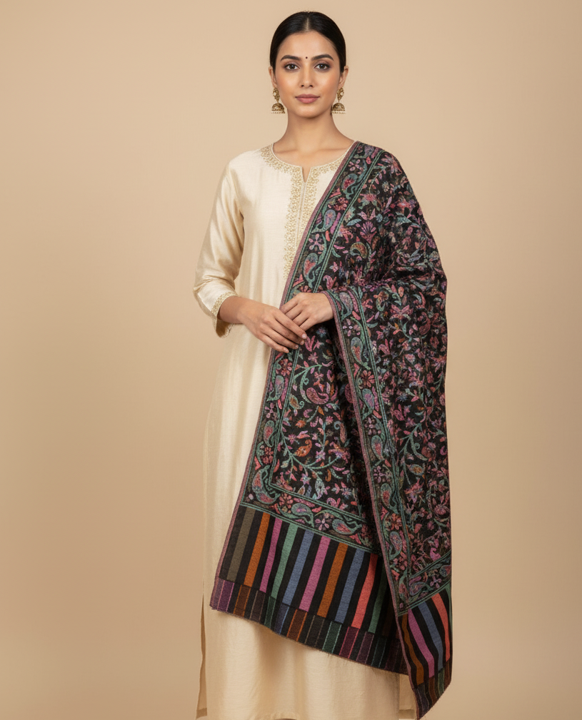 The Amritsar Store Womens Fine Wool Floral Kashmiri Shawl,Black