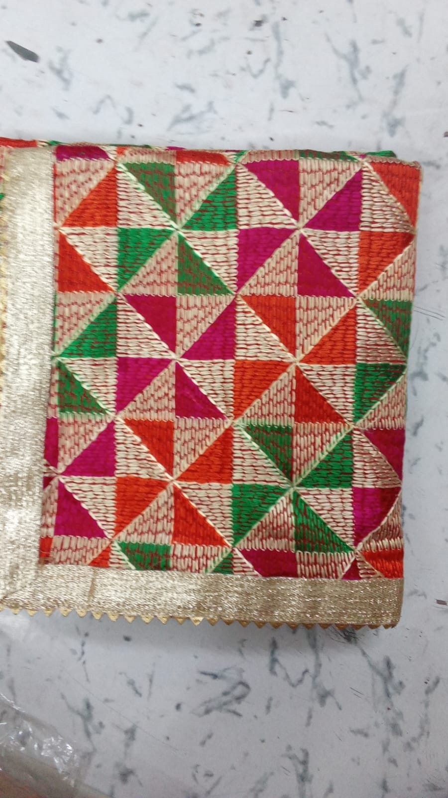 Phulkari dupatta with geometric embroidery & four side golden gotta on borders