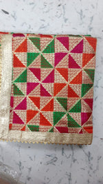 Phulkari dupatta with geometric embroidery & four side golden gotta on borders