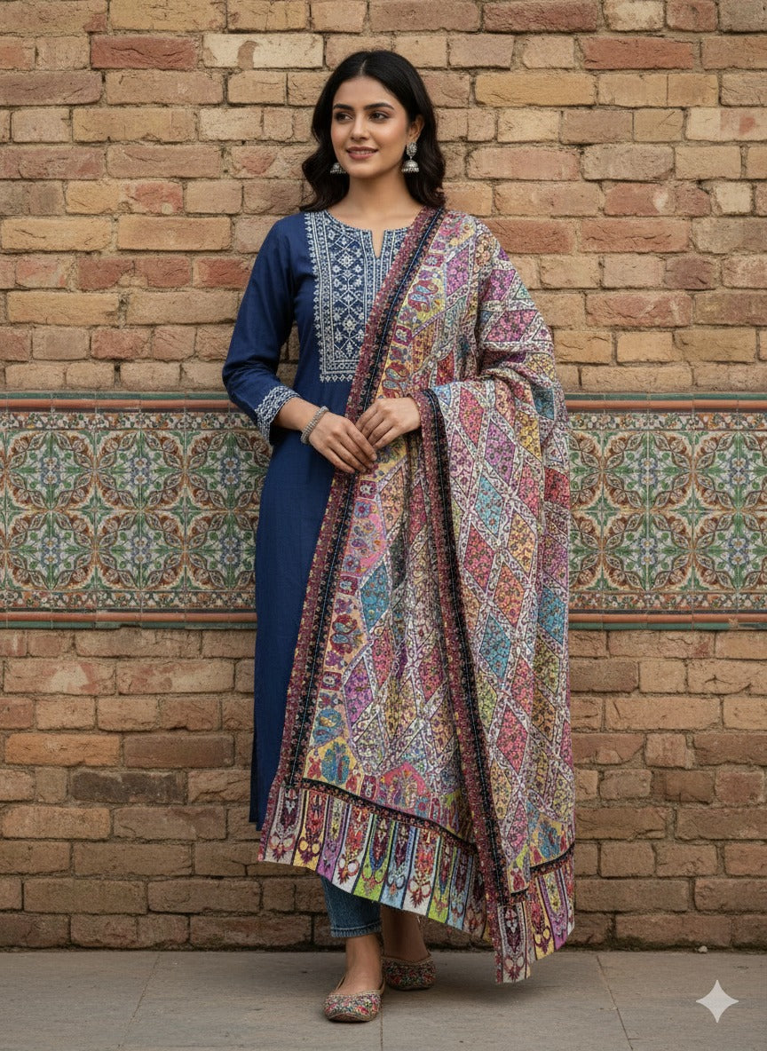 The Amritsar Store Pashmina Kalamkari Shawl,Hand Embroidered,Multicolor