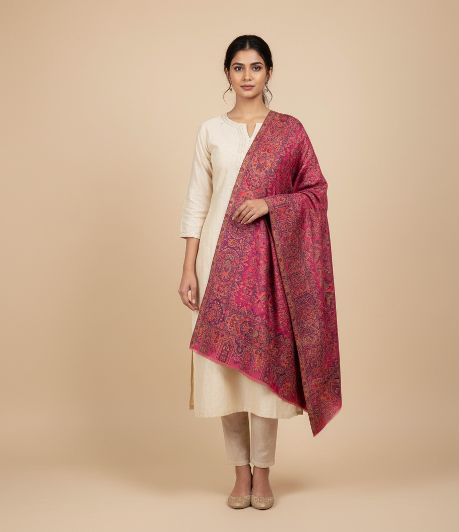"Magenta Kashmiri Jaal Weave Shawl in Fine Wool with Multicolor Paisley and Floral Design – The Amritsar Store"