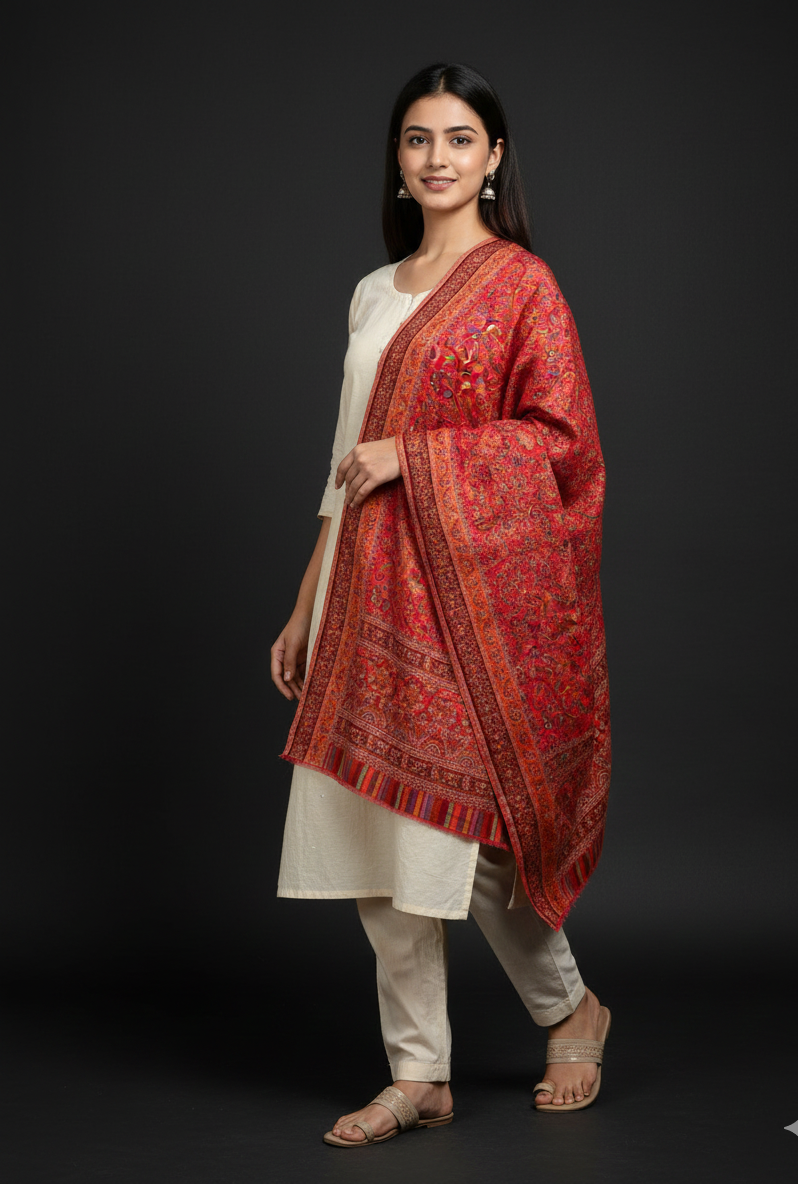 Majestic Peacock Garden Jaal shawl by The Amritsar Store featuring an intricate multicolor woven floral and peacock pattern.