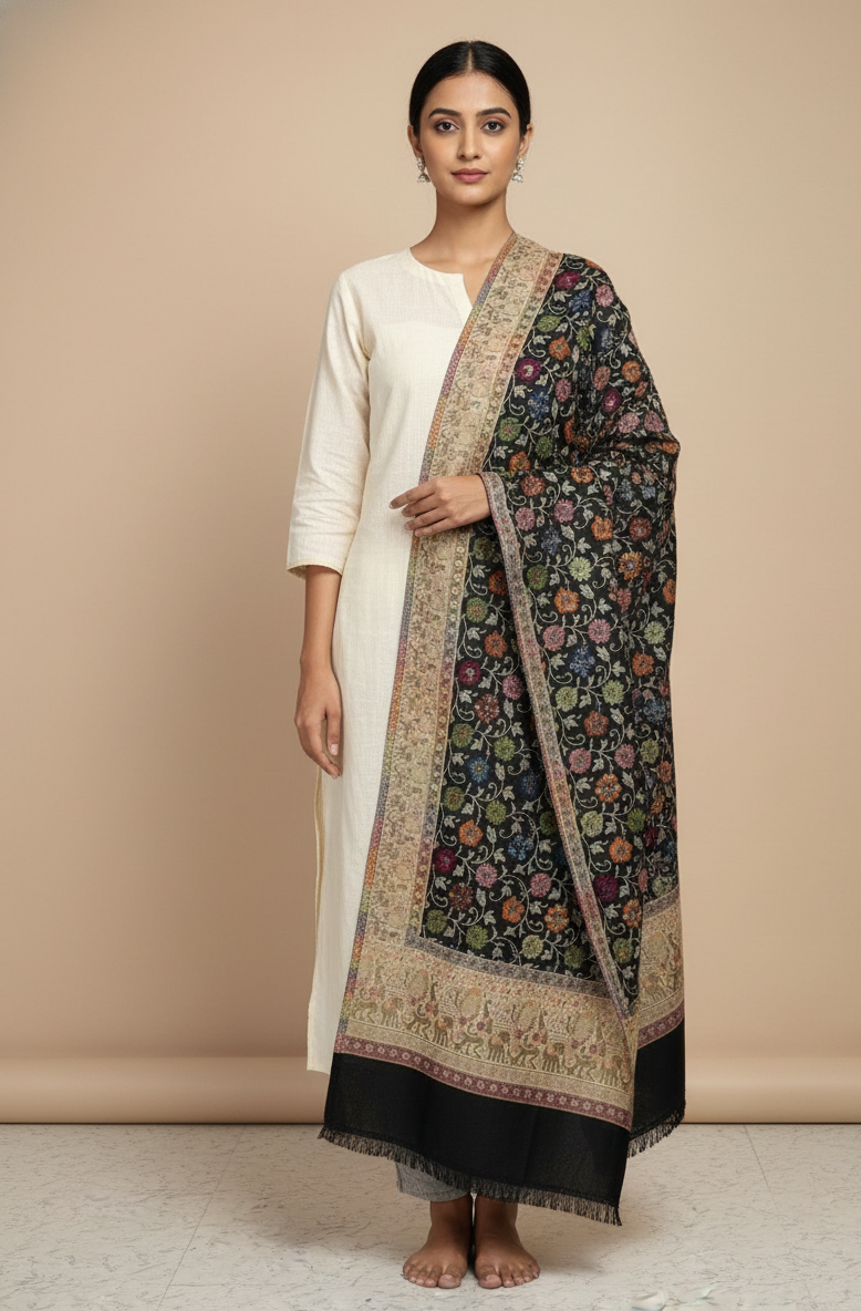 The Amritsar Store Black Shawl with Sozni Style Floral Jaal – Handcrafted Traditional Kashmiri Wool Wrap