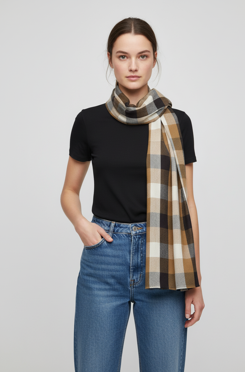 "Classic Brown and Black Checkered Scarf, Soft Unisex Winter Wrap by The Amritsar Store"