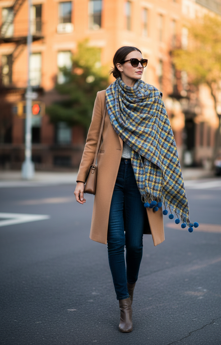 The Amritsar Store blue and mustard checked wool scarf for women – soft winter wear”